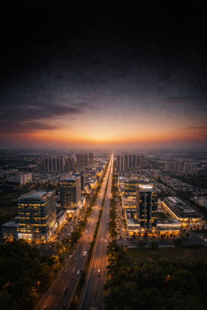 Urban development and infrastructure growth in Mohali city at sunset