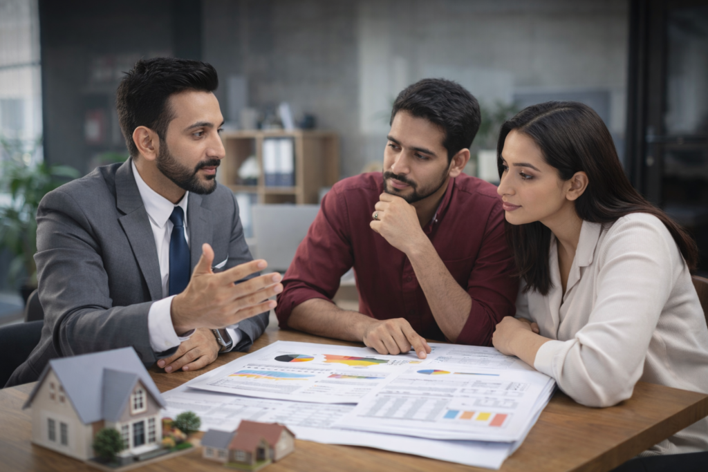 Real estate consultation with advisor helping buyers choose property