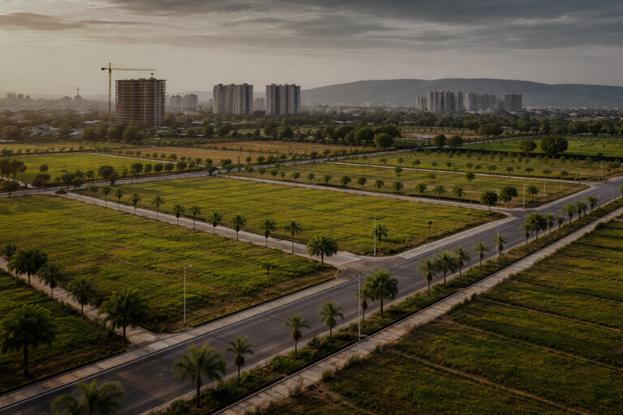 Early-stage land development in Mohali with plotted roads and growing skyline