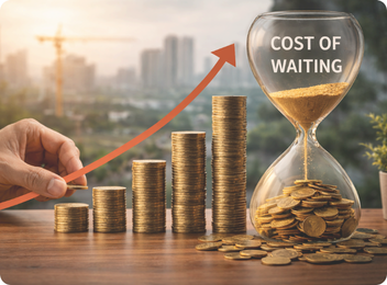 cost of waiting in real estate investment shown with coins growth and hourglass concept