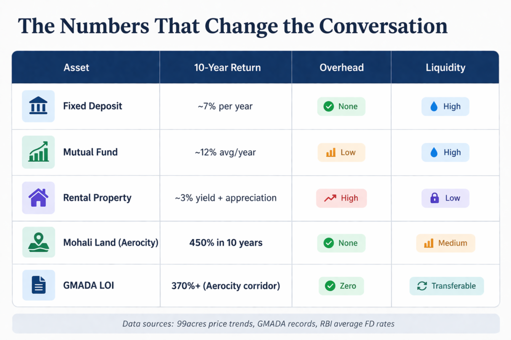 Asset Comparison Table Comparison table showing 10 year returns of FD mutual fund rental property and GMADA LOI Mohali land investment 2026