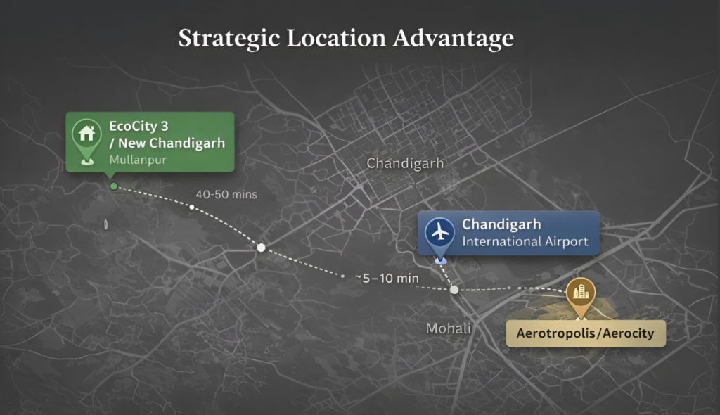 Map showing Aerotropolis EcoCity 3 and New Chandigarh location Map showing Aerotropolis EcoCity 3 and New Chandigarh location relative to Chandigarh International Airport Mohali Tricity real estate investment corridors 2026