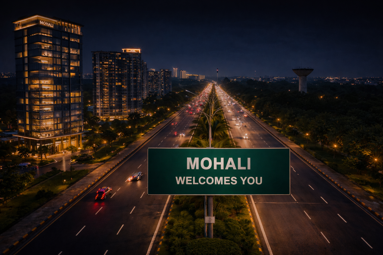 Night view of Mohali city with wide Airport Road, modern buildings, and illuminated “Mohali Welcomes You” sign
