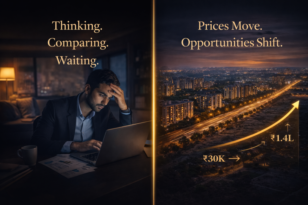 Split-screen showing investor hesitation on one side and rising property prices in Mohali with growth from ₹30K to ₹1.4L on the other