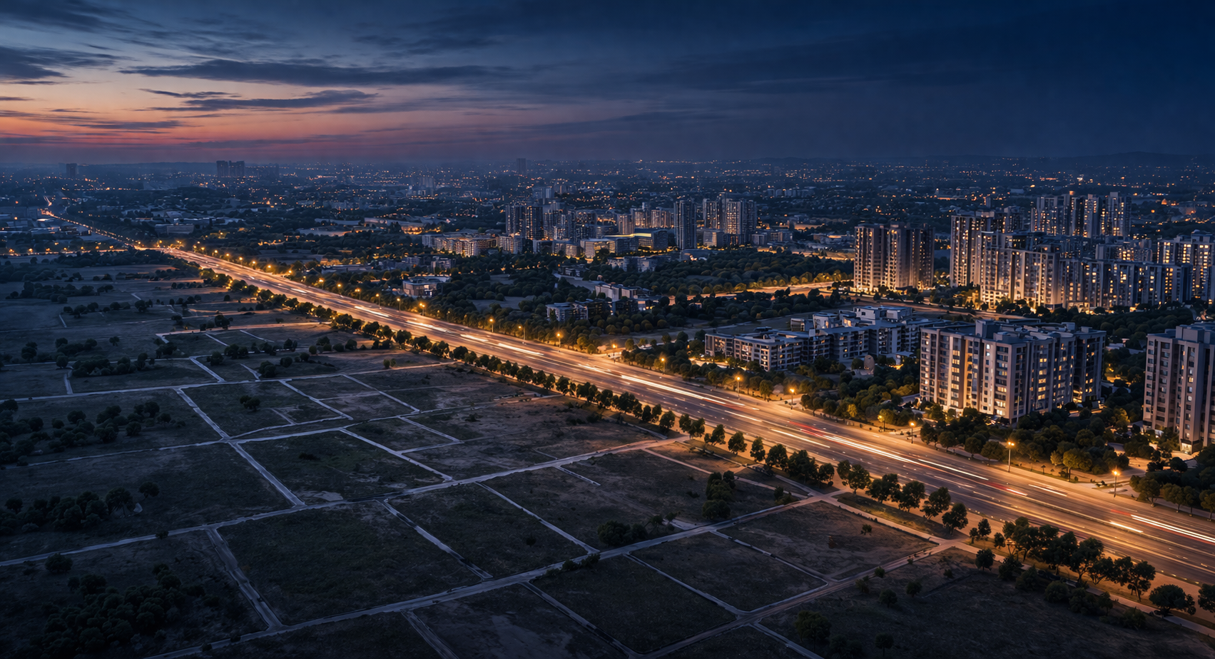 Aerial view of developing plots and residential buildings along PR-7 road in Mohali showing early-stage real estate investment opportunities