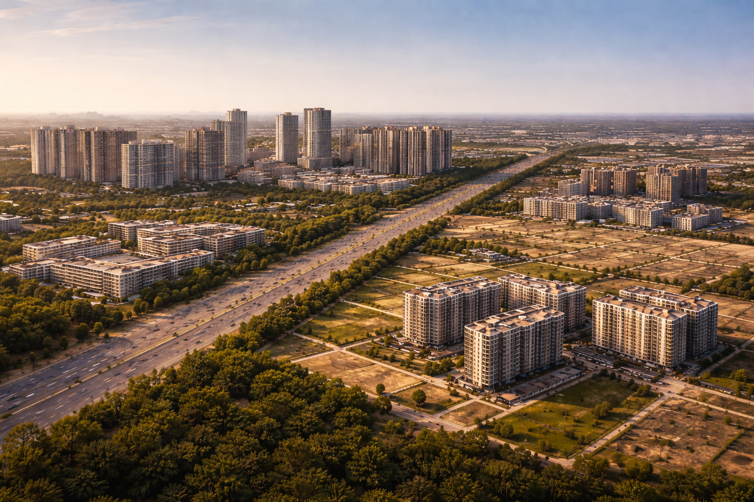 Aerial view of Mohali city growing outward from developed sectors toward open undeveloped land — early stage investment corridors Aerotropolis EcoCity 3 New Chandigarh