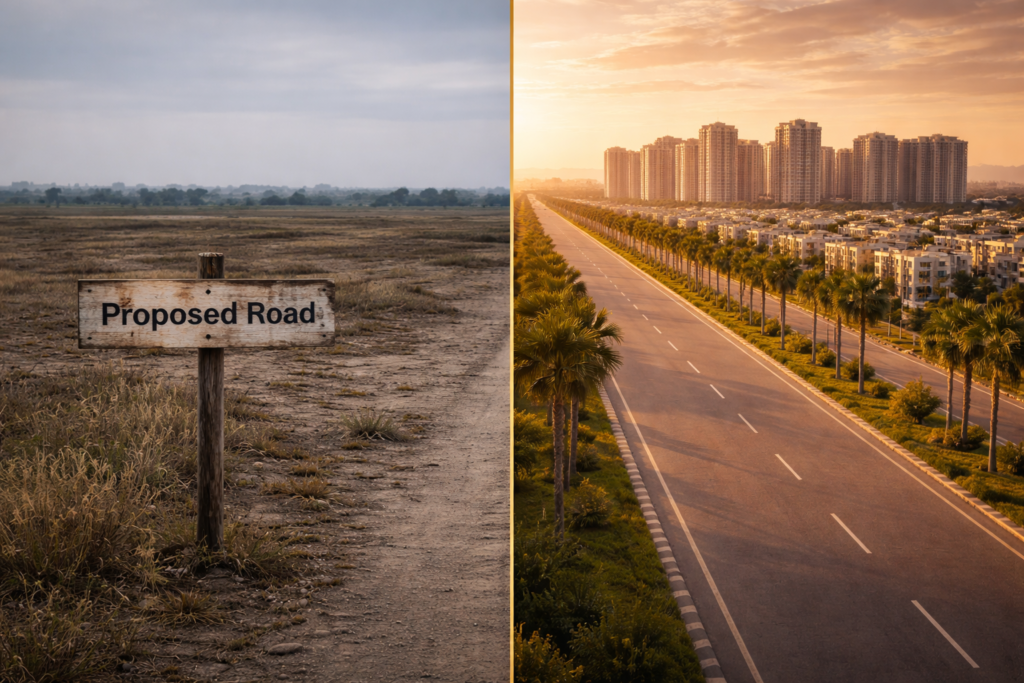 Mohali land transformation from empty plot with proposed road sign to developed city road with modern infrastructure