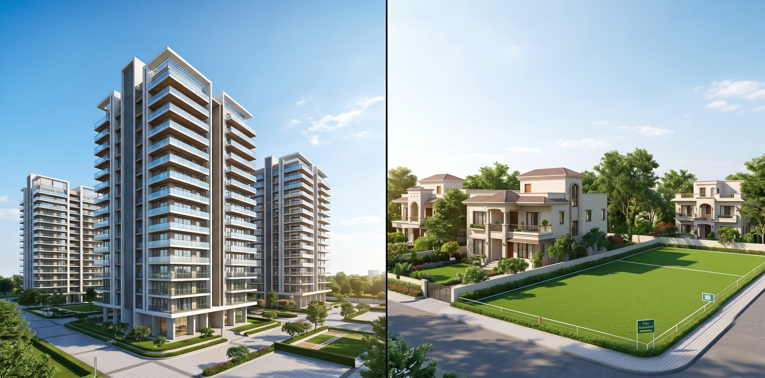 High-rise apartments and independent villa plots in Mohali and New Chandigarh showing property investment options and lifestyle comparison