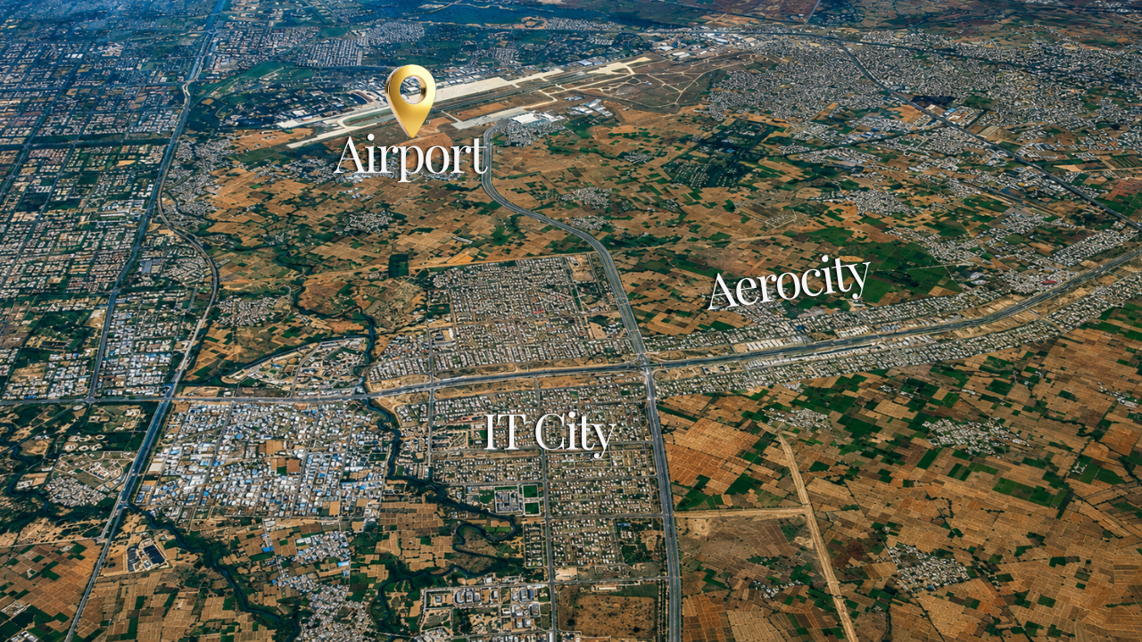 Comparison graphic of residential plot layouts in GMADA Aerocity and IT City along Airport Road Mohali.