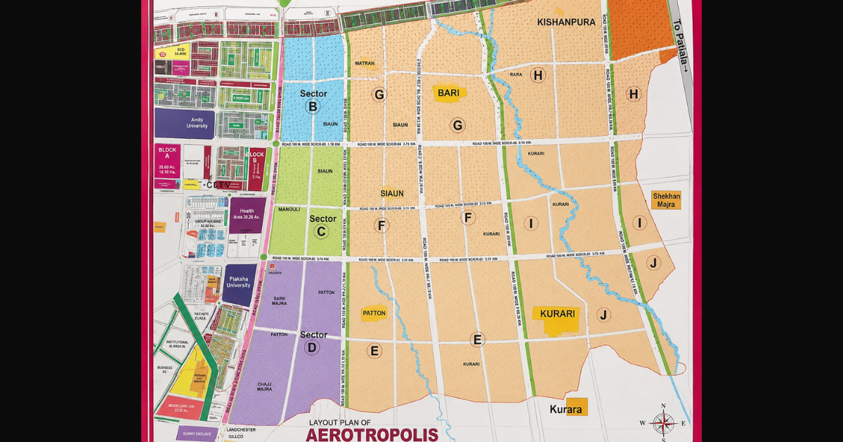 Aerotropolis Mohali master plan showing Sector B, Sector C, Sector D and future development zones near Chandigarh Airport